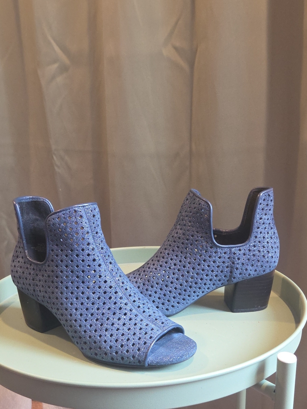 Peep-Toe Perforated Low Block Heel Booties - Blue Denim Leather